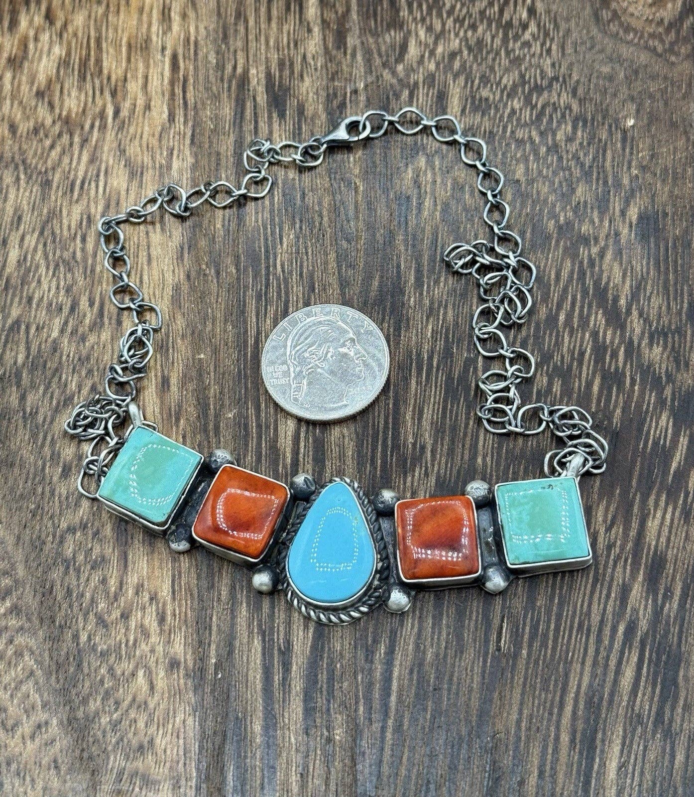 Multi Stone Turquoise Cluster Bar Necklace
