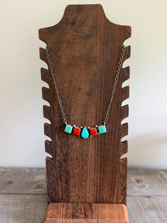 Multi Stone Turquoise Cluster Bar Necklace